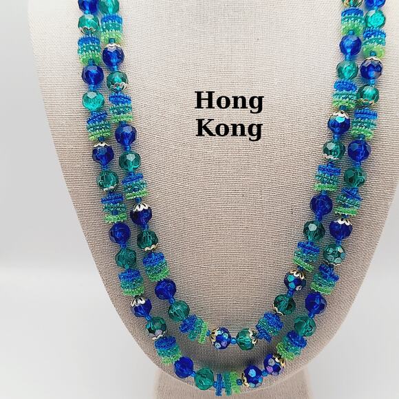 Vintage Hong Kong Early Plastic Two Strand Beaded Necklace, Green Blue Beads - Picture 1 of 10